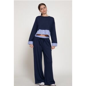 1096 • Navy Blue French Terry Set w/Blue & White Shirting Trim Details
